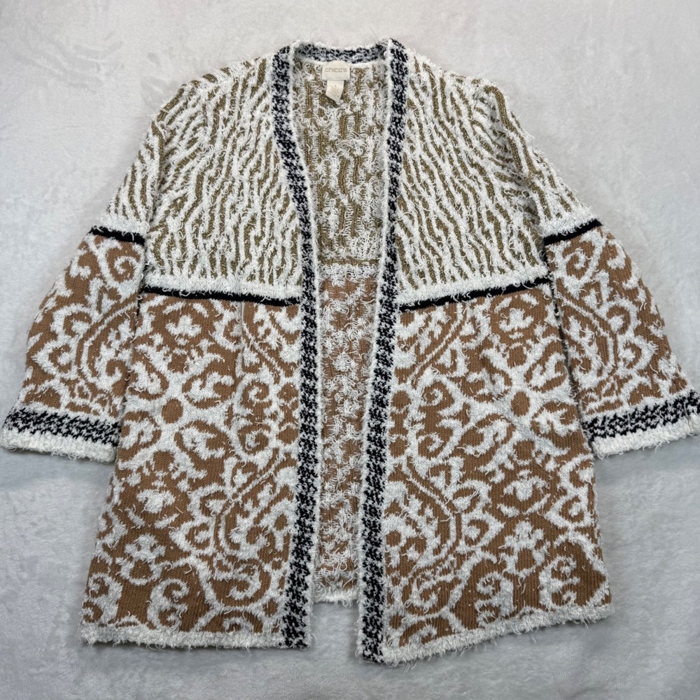 Chico's Open Front Cardigan Sweater Knit Bohemian Style Size 1 US M READ‎